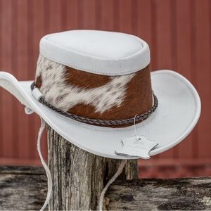 AVU LE VU REAL LEATHER AND COWHIDE FUR WHITE NEW HANDCRAFTED COWBOY HAT L